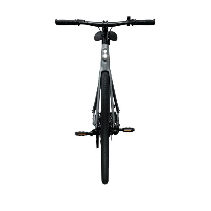 Vélo électrique Tenways CGO600 PRO avec moteur Mivice M070 de 250W, 3 niveaux d'assistance, autonomie de 100 km, poids de 16 kg, roues de 28 pouces. Disponible en gris. Phares et feu arrière intégrés. Bluetooth activé.