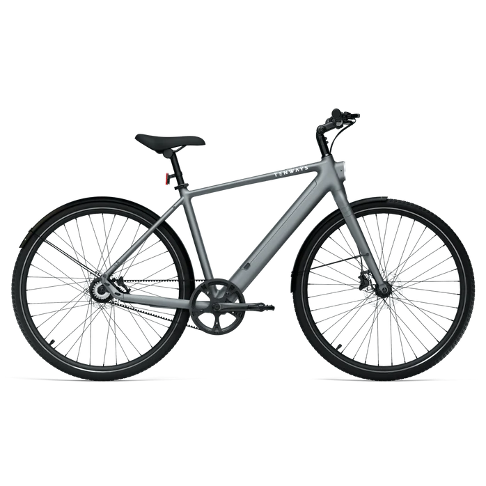 Vélo électrique Tenways CGO600 PRO avec moteur Mivice M070 de 250W, 3 niveaux d'assistance, autonomie de 100 km, poids de 16 kg, roues de 28 pouces. Disponible en gris. Phares et feu arrière intégrés. Bluetooth activé.