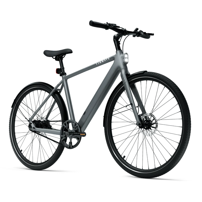Vélo électrique Tenways CGO600 PRO avec moteur Mivice M070 de 250W, 3 niveaux d'assistance, autonomie de 100 km, poids de 16 kg, roues de 28 pouces. Disponible en gris. Phares et feu arrière intégrés. Bluetooth activé.